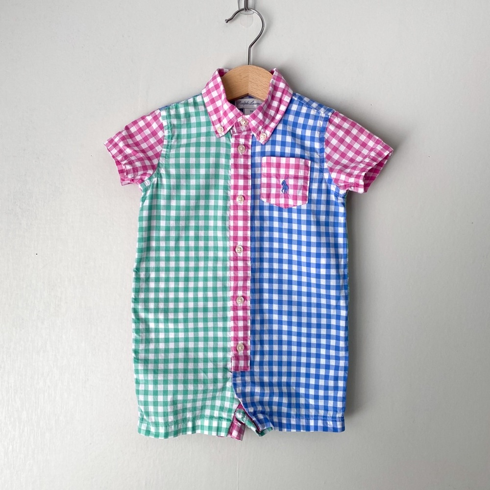 Ralph Lauren Gingham Cotton Poplin Shortall Romper 9M